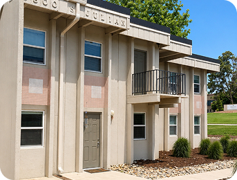 Exterior apartment building entrance at Julian Square